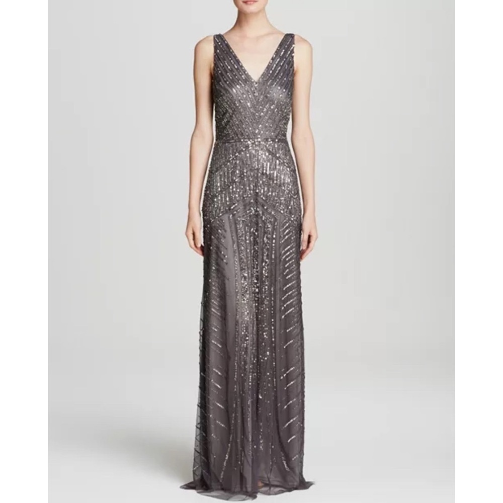 Adrianna Papell Silver Sequin Maxi Dress